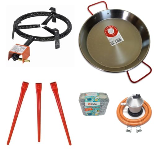 UBOON Kit Quemador Paellero de Gas Butano 20cm + Paellera 28cm + Regulador de Gas, Manguera, Soporte con Patas Reforzadas y Regalo Juego de 3 Esponjas Anti-Arañazos (KIT PAELLERA 28)