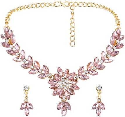 Atasi International Pink Diamond Crystals Gold Plated Alloy Necklace Set with Earrings for Women | Stylish Jewellery for Party, Wedding and Festive Occasions