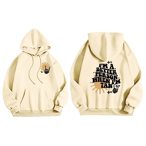 Hoodie Damen mit Kapuze Freizeit Sport Pullover Sweatshirt Oversize Vintage Aesthetic Hoodie Casual Hoodies Mantel Übergangsjacke Damenblusen Langarm Bluse Mode Print Tops Streetwear, beige, M