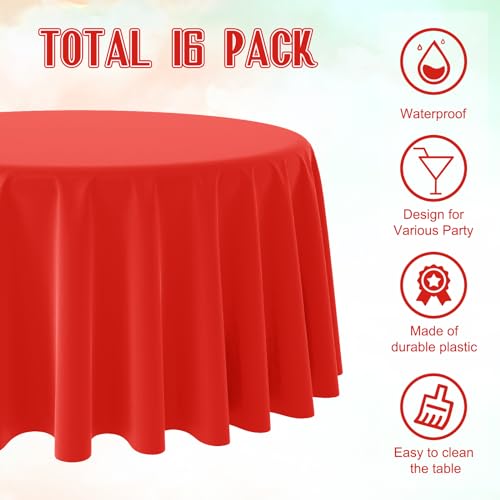 Image of Ragnhild 16 Pack Red Plastic Tablecloth for Round Tables, Premium Decorative Red Disposable Table Cloths for Parties, Bulk Round Party Table Cover for Birthday Wedding Anniversary Graduation, 84 Inch