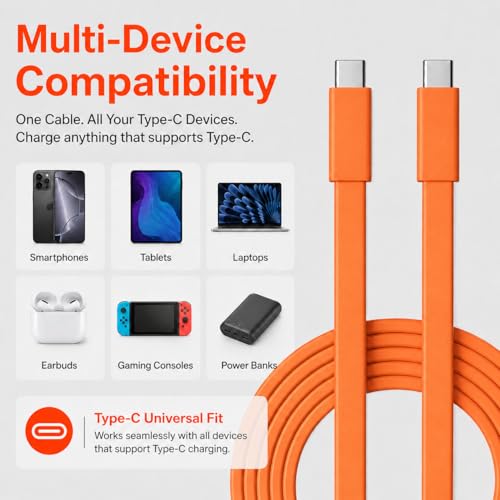 Image of 240W USB C to USB C Cable | 1.5M Silicone Flat Type C to Type C | Fast Charging Cable | Silicone | Detangled | PD Data Transfer | E-marker Chip | Compatible for Macbook, iphone, Samsung