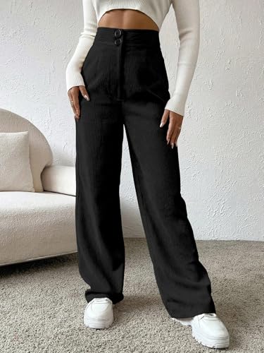 Image of Women's Wide Leg Bottomwear with Pocket || Corduroy Mid Rise Loose & Relaxed Fit Casual Korean Baggy Trousers for Woman Elegant Workwear for Office, College & Events