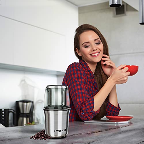 Wessper Gewürz und Kaffee Mühle MINIMILL mit 2 x 70g Edelstahlbehälter, Schlagmesser & Spezialmesser für Kaffeebohnen… – Bild 7