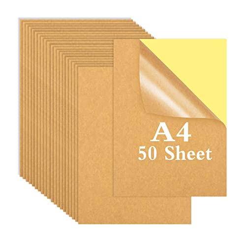 50 Hojas Papel Kraft Autoadhesivo A4, 80g Autoadhesiva Impresión Kraft Marrón Copia Papel Adhesivas para Impresoras láser de Inyección de Tinta Cover