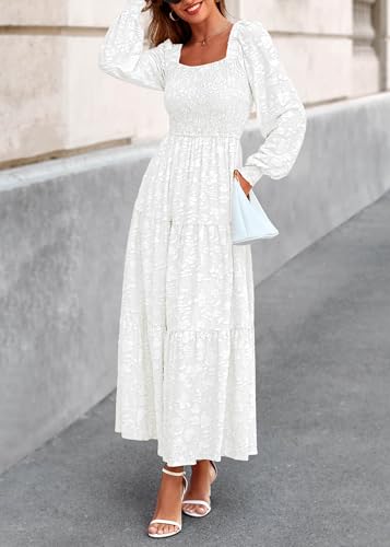 KIRUNDO Wedding Guest Dresses for Women 2026 Fall Long Sleeve Smocked Floral Flowy Spring Baby Shower Maxi Dress Pockets (White, Medium) — view 6