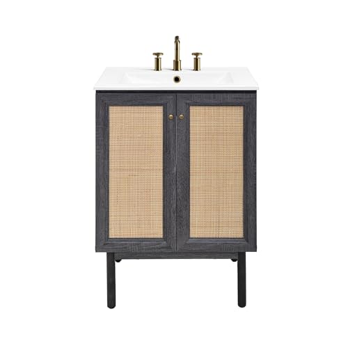 Image of Swiss Madison Classe 24 in. Black Oak Bathroom Vanity with White, 3-Hole Ceramic Sink Top