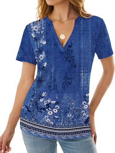 NORACORA Women's V Neck Short Sleeve T Shirt Summer Casual Tops Loose Fit Basic Blouses Trendy Fashion for Work Daily Wear Floral-Blue White S — view 2