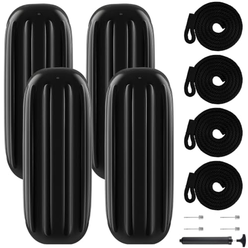 VEITHI Boat Fenders 4 Pack 8 x 20 inch, Hole Through Middle Vinyl Boat Bumpers Fenders,Boat Bumpers for Docking Come with Ropes Needles and Pump, Inflatable Ribbed Fenders for Pontoon Yacht - Black