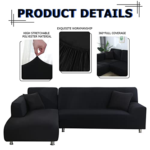 Lydevo Sofabezug Ecksofa L Form Sofa Überwürfe Stretch Sofabezug L Form Rechts oder Links mit Zwei Kissenbezügen Waschbar Universal-Couchbezug L Form Sofa Cover L Shape(3 Sitzer+3 Sitzer,Schwarz)