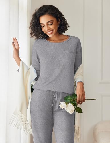 Image of Ekouaer 2 Pack Womens Pajama Sets Long Sleeve Pjs Soft Comfy Lounge Set