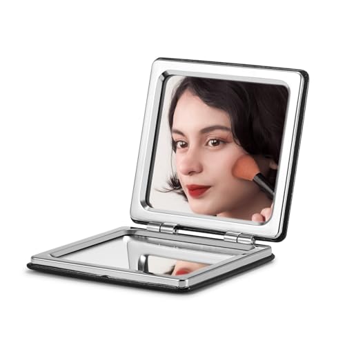 OMIRO Compact Mirror with 1x/3x Magnification Square with PU Leather Small Mirror for Purses Daily Makeup (Classic Black)