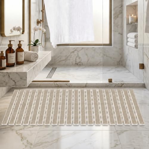 Image of HomeCloud Non-Slip Shower Mat for Bathtub, Anti-Slip Bath Mat with Suction Cups, Drainage Holes & Foot Massage Exfoliating Surface (Vent Beige)
