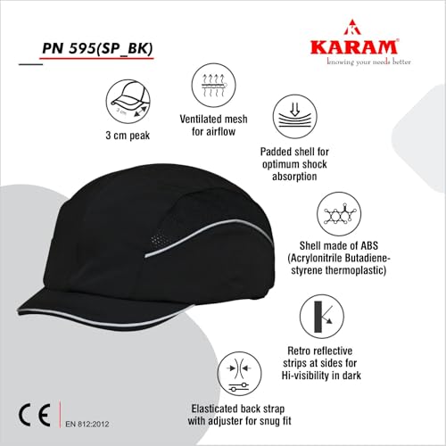 Image of Karam PN595 Safety Bump Cap for Men | 3 CM Short Peak with Adjuster Lock & Ventilated Design | Black