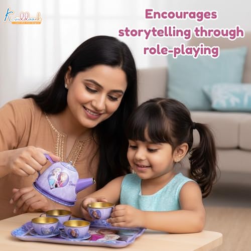 Image of Disney Frozen Elsa & Anna 14-Piece Tin Plate Tea Set for Girls - Fun Pretend Play Tea Party Toy - Durable, Lightweight & Safe Role Play Kit for Kids, Learning Toy -Birthday Gift For Ages 3+