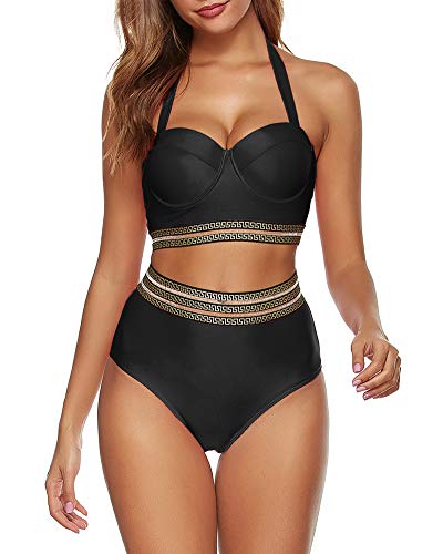 Urchics biquíni feminino retrô com duas peças, maiô de cintura alta, Preto, Large