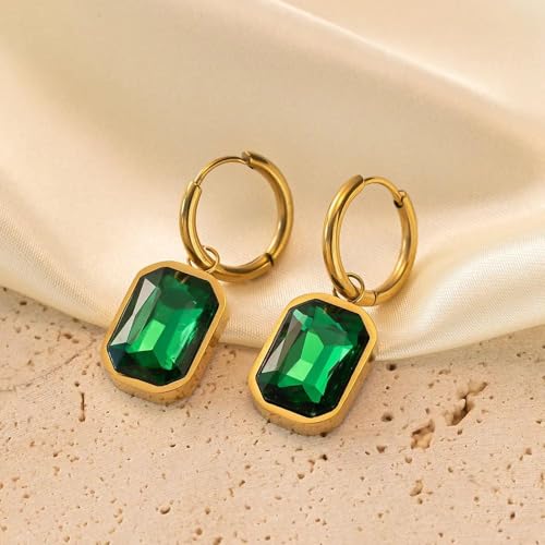 Image of El Regalo Stainless Steel Rectangular Cut Rhinestone Hoop Earrings - Elegant 18K Gold Plated Waterproof Vintage-Inspired Cubic Zirconia Huggie Hoops for Women