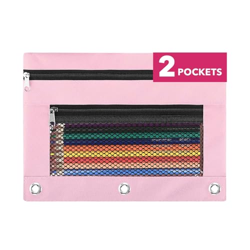 Image of Pencil Pouch 3 Ring Binder: 3 Ring Binder Pencil Case Bag Zipper Pencil Pouch Bulk Holder Accessories Clear Window Pencil Case Aesthetic Pencil Organizer Pockets (Pink, 1), 3RB-muti