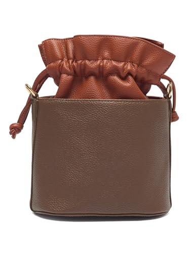Image of white lily Women's Bucket Bag with Drawstring, Black and Brown Two-Tone, Adjustable Shoulder Strap