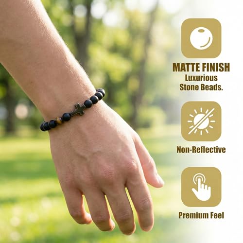 Pulsera de Cruz para Hombre con Piedra Natural y Cuerda Elástica miniatura 6