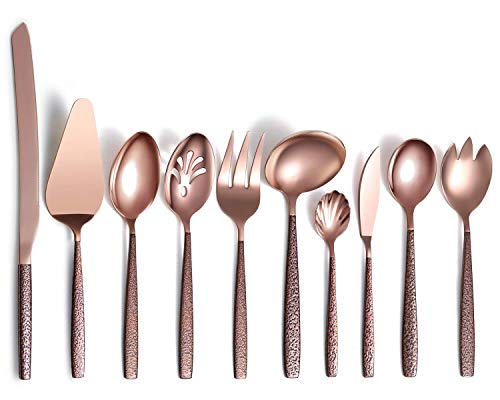 Berglander Silverware Serving Set 10 Pieces With Moon Surface Handle And Rose Gold Mouth Titanium Plating Stainless Steel Modern Copper Flatware Serving Set Serving Spoons Serving Utensils