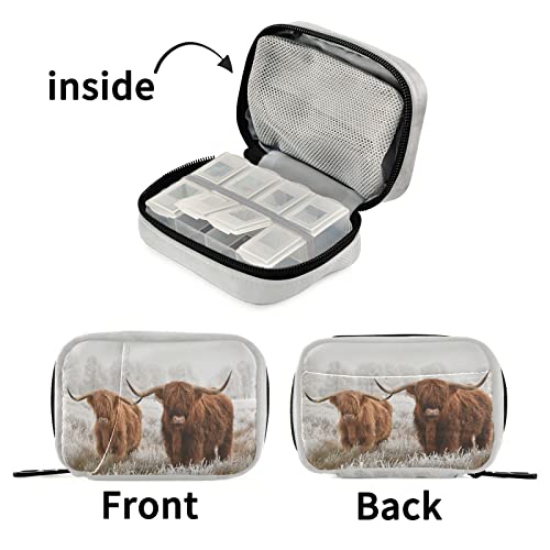 Image of Highland Cow Travel Pill Case Portable Weekly Pill Box Bag Container 7 Days Pill Organizer Vitamin Supplement Holder with Zipper for Family Business