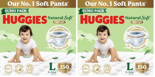Image of Huggies Natural Soft Premium Baby Diaper Pants, Our No.1 Soft Pants, Large (L) Size (9-14 Kgs), Sumo Pack of 300 diapers | Cloud Softness All over with India's 1st Cloud Touch BeltTM