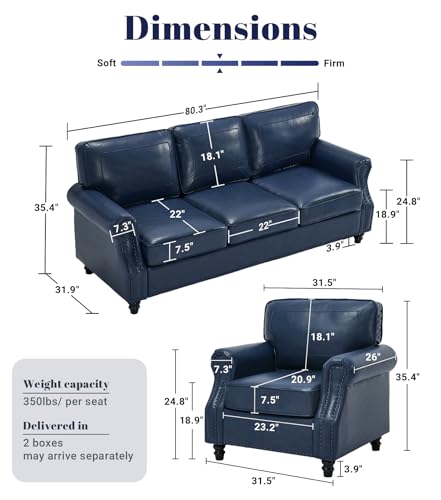 Image of Kingfun Mid-Century Modern Couch, Faux Leather Sofa Set, 3 Seater Couch for Living Room with Rolled arms & Nailhead Trim, Blue