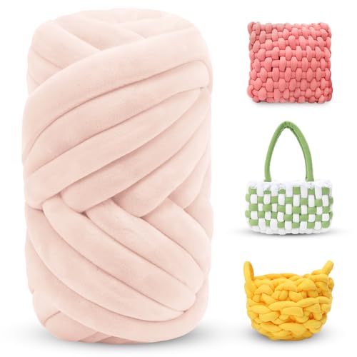 LEREATI Thick Chunky Yarn for Arm Knitting Jumbo Tube Yarn Soft Chunky Knit Blanket Yarn, Velvet Yarn for Crocheting Handbags Hand Knitting Pet Bed Rugs Pillows Crafts (Light Pink, 0.55lbs)