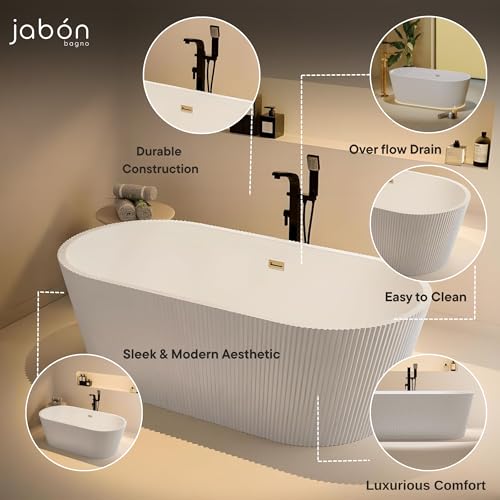 Image of INFINITY Freestanding Bathtub 150 cm - White Glossy Acrylic Soaking Tub with Attractive Outer Grid Design, Overflow Drain, Brass Pop-Up Waste Coupling & Waste Pipe, 6-Layer Reinforced