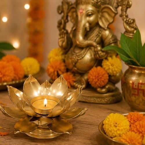 Image of Easyera Beautiful Lotus Tealight Holder Candle Stand Metal Home Decoration Festival Occasions Diwali (Not Include Glass Candle) Golden Pack ((Golden) Mini Lotus 4 /Crystal Holder 4)