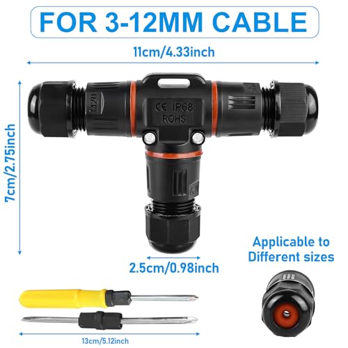 GAOUTO 3-szt. Wodoszczelne złącza kablowe IP68, T-shape, 3-biegunowe, kabel ziemny, mufa do kabli 3-12 mm, 2-drożne, wodoszczelne, czarne