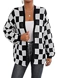 Cardigan Tricoté pour Femme, Ouvert sur Le Devant, en Damier Contrasté, Pull Décontracté À Manches Longues, Style Preppy