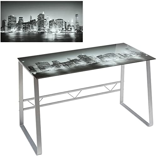 BAKAJI Scrivania Tavolo Lavoro Porta Pc Computer in Vetro Opaco Decorazione Città con Struttura in Acciaio Inox Nero Arredamento Casa Ufficio Cameretta Dimensione 120 x 60 x 75 cm