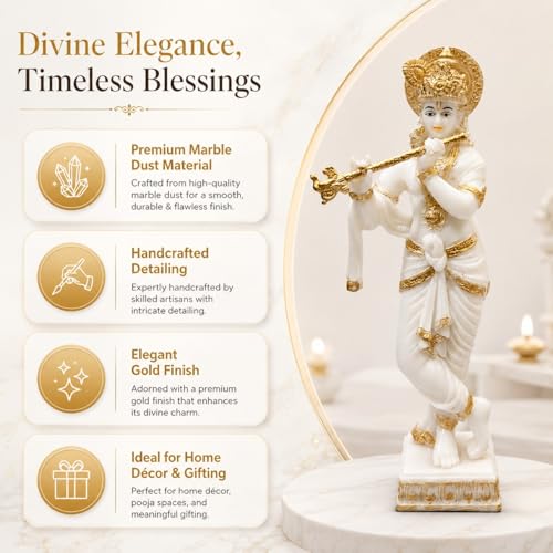 Image of ARMONIA Lord Krishna Idol Marble Dust Statue Murti |Krishana Sculpture for Home Decor,Pooja ghar,Mandir & Gifting Item |Best Gift for Wedding & Housewarming(14.9inch,White) (Include Microfiber Cloth)
