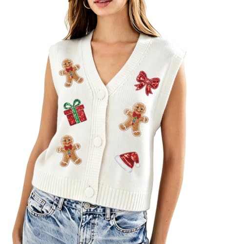 Image of Women Christmas Knit Vest Top Santa Embroidery Sleeveless Button Down Sweater Vest Xmas Snowman Cardigans Tank Top