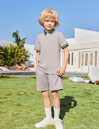Image of Arshiner Boys 2 Piece Outfits Button Polo Shirt & Elastic Shorts 4-13 Years