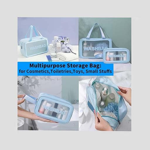 Image of Makeup Pouch Bag PVC Travel Toiletries Organizer Cosmetic Bags Wash Bag Pouch for Travel Kit Toiletry Bag Portable Organizer Case Carry Pouch for Women Bathroom Set of 3 (Blue)
