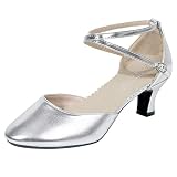 Charakterschuhe Damen Latein Salsa Rumba Trachten Tango Tanz Schuhe Elegante Pumps Mittelhohe Riemchen Geschlossen Knöchelriemen Weicher Boden Celucke (Silber, EU41)