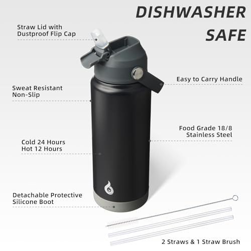 Image of BJPKPK Water Bottle with Straw Lid, 24oz Vacuum Insulated Water Bottles, Metal Stainless Steel Thermo for Sports, Travel, BPA Free Leak Proof Thermo, Cups, Flasks, Tumblers,Black