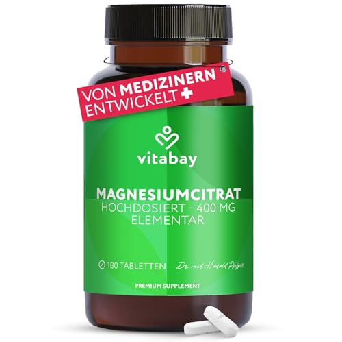 Vitabay Magnesiumcitrat 2556 mg – 180 vegane Tabletten – 400 mg elementares Magnesium pro Tagesverzehrmenge – Vegan & ohne Zusatzstoffe – Laborgeprüft – Vorrate für 3 Monate