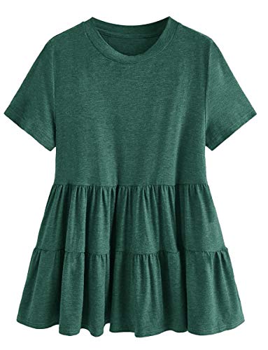 Romwe Women's Plus Size Loose Ruffle Hem Short Sleeve Casual Peplum Blouse Top Dark Green 3Xl #TOP12