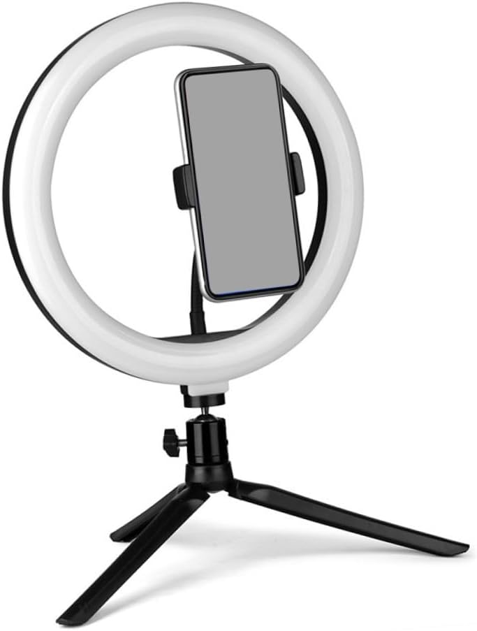 PRETYZOOM Fill Light Phone Stand with Remote 10-inch USB Tri-Color Dimmable LED Selfie Light and Adjustable Phone Holder for Live Streaming Video Recording, Black