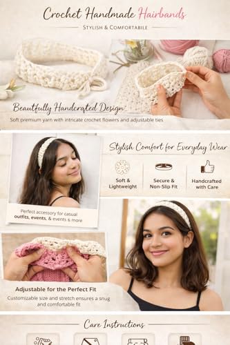 Image of SHRIVYAA Handmade Crochet Tie Hair Band for Women & Girls, Soft Cotton Hairband, Adjustable Tie Style, 15 CM Length, 2 CM Width (White)