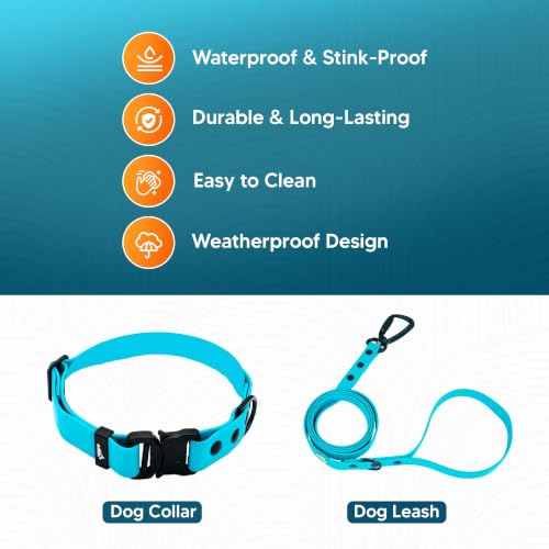 Image of Adil's Biothane Waterproof Dog Collar, Dog Leash & Collar Leash Combo | Heavy Duty TPU Coated Webbing | Adjustable Quick Release Buckle | Odour Resistant (Light Sky, L-22, Collar & Leash Combo)