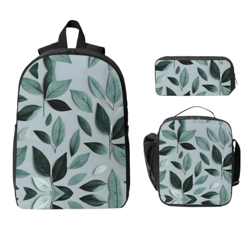 Backpack Set with Lunch Bag & Pencil Case Mint Gray Leaf Print Oxford Fabric Portable Useful Bag Set2