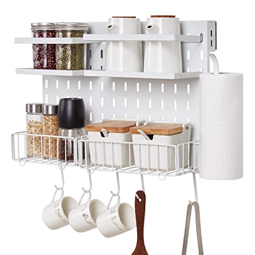 Neekor Étagère à épices magnétique en panneau perforé avec porte-serviettes en papier et crochets pour réfrigérateur/cuisine/salle de bain/salle à manger (blanc) Cover