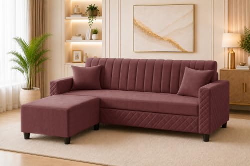 Image of L-Shaped 3 Seater Sectional Sofa with Ottoman | Modern Upholstered Couch | Vertical Channel Tufted Backrest | Diamond Quilted Arms & Base | Comfortable Living Room Furniture - Rose Pink