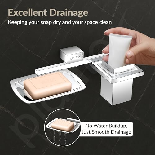 Image of Plantex 2in1 Soap Dish with Tumbler Holder for Bathroom /304 Grade Stainless Steel Soap Holder with Toothbrush Holder /Bathroom Accessories - Pack of 1 (Tesla, Chrome)