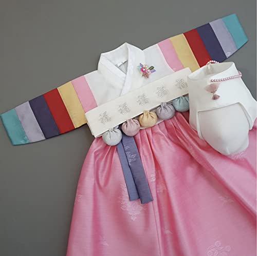 Korean Baby Girl Hanbok for 100days~10y/o Ivory Pink Floral Brooch Girl Baby Kids Hanbok Korean Traditional Dress4