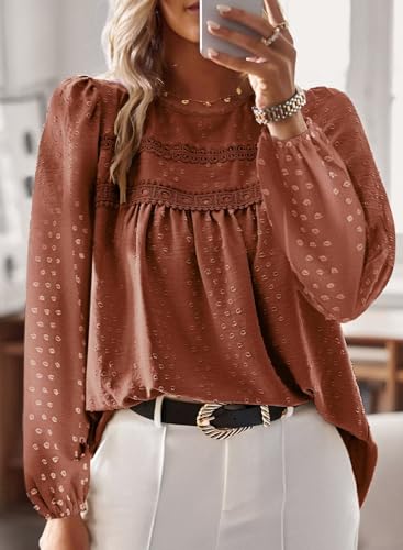 Womens Fall Tops Crewneck Long Sleeve Shirts Casual Chiffon Blouses Flowy Lace Hem Boho Clothing Trendy 20254